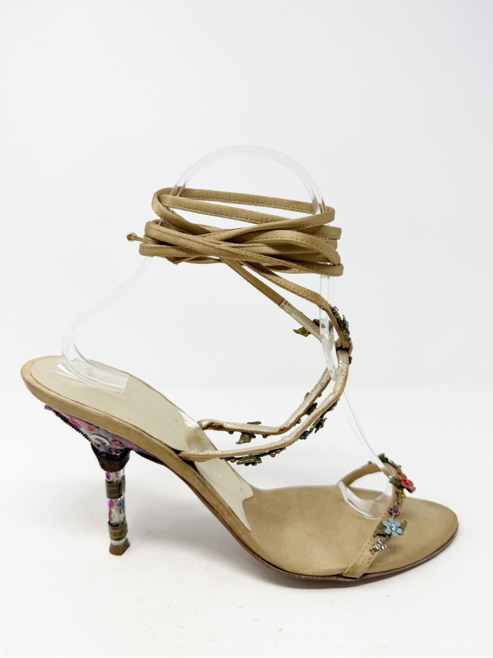 Giuseppe Zanotti Satin Floral Embellished Wrap Sandal Heels Womens Size 7.5 - Picture 6 of 11